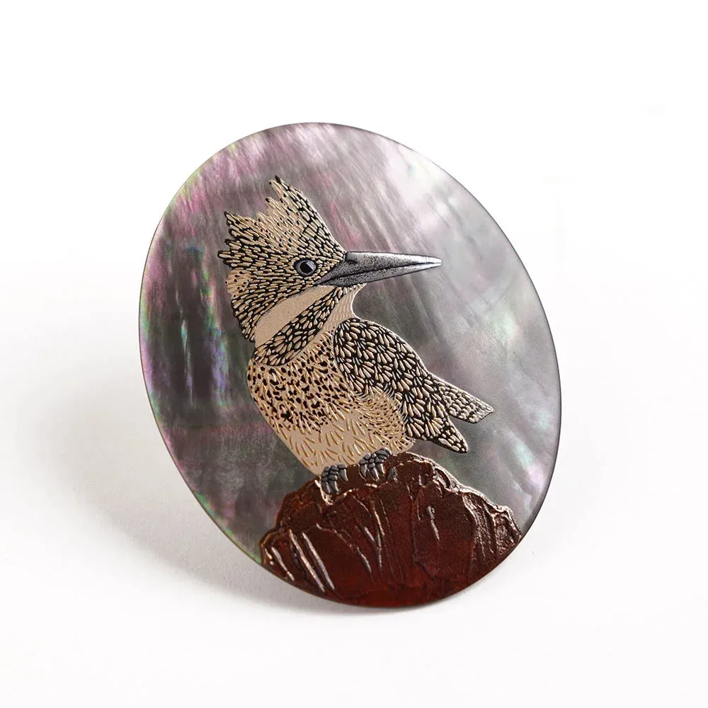 Maki-e Urushi Lacquer Brooch - Black Lip Oyster Pearl Shell / Crested Kingfisher -, Traditional Japanese Urushi Lacquer Jewelry