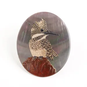 Maki-e Urushi Lacquer Brooch - Black Lip Oyster Pearl Shell / Crested Kingfisher -, Traditional Japanese Urushi Lacquer Jewelry