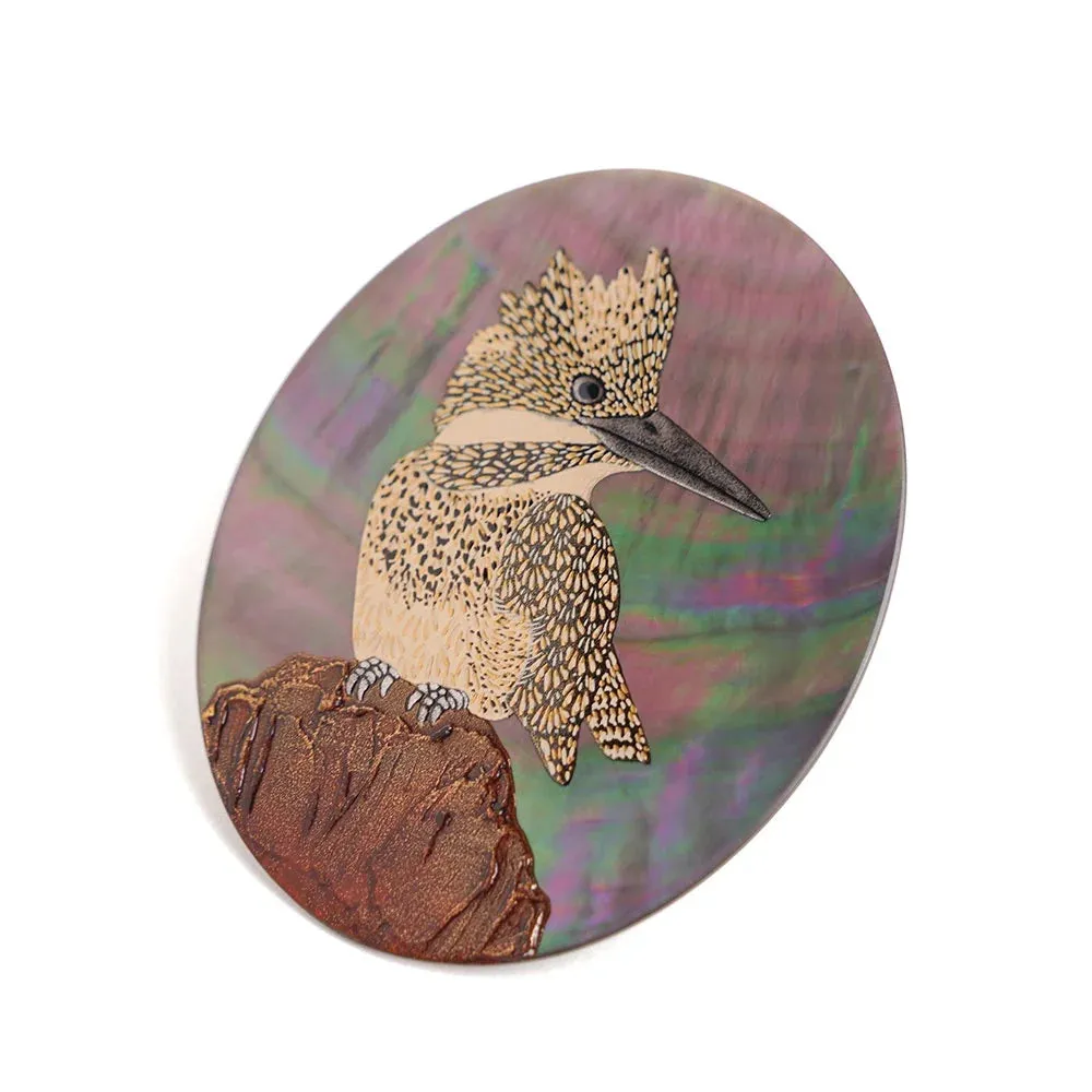 Maki-e Urushi Lacquer Brooch - Black Lip Oyster Pearl Shell / Crested Kingfisher -, Traditional Japanese Urushi Lacquer Jewelry