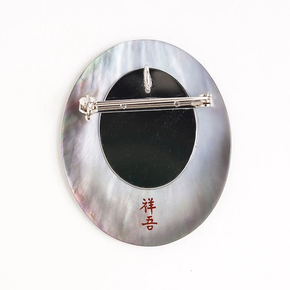 Maki-e Urushi Lacquer Brooch - Black Lip Oyster Pearl Shell / Crested Kingfisher -, Traditional Japanese Urushi Lacquer Jewelry