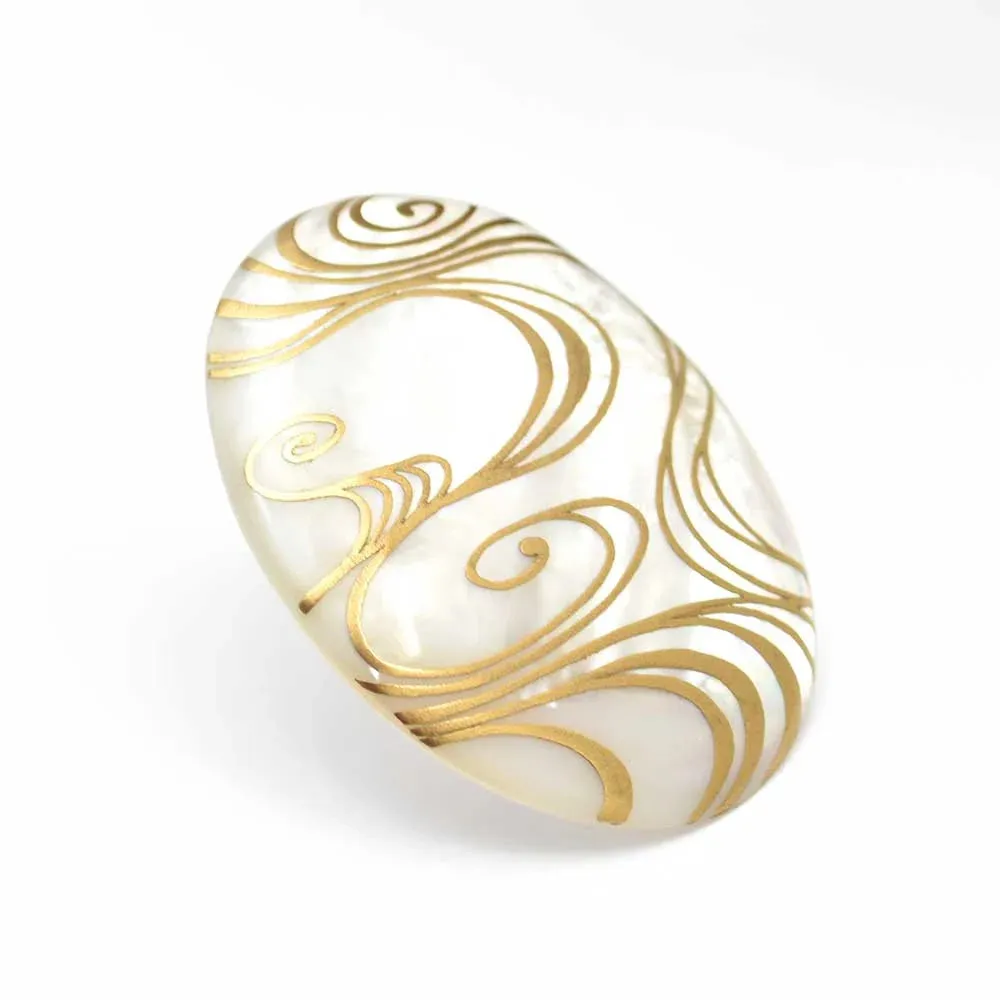 Maki-e Urushi Lacquer Brooch - White South Sea Pearl Shell / Flowing Water  -, Traditional Japanese Urushi Lacquer Jewelry
