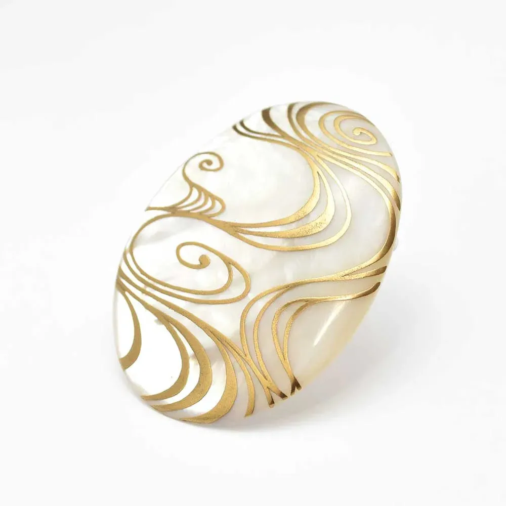 Maki-e Urushi Lacquer Brooch - White South Sea Pearl Shell / Flowing Water  -, Traditional Japanese Urushi Lacquer Jewelry
