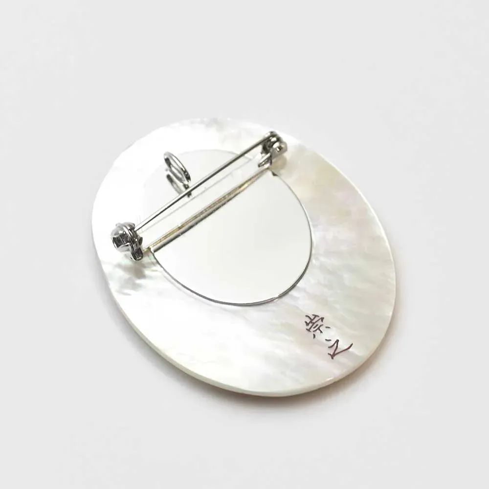 Maki-e Urushi Lacquer Brooch - White South Sea Pearl Shell / Flowing Water  -, Traditional Japanese Urushi Lacquer Jewelry