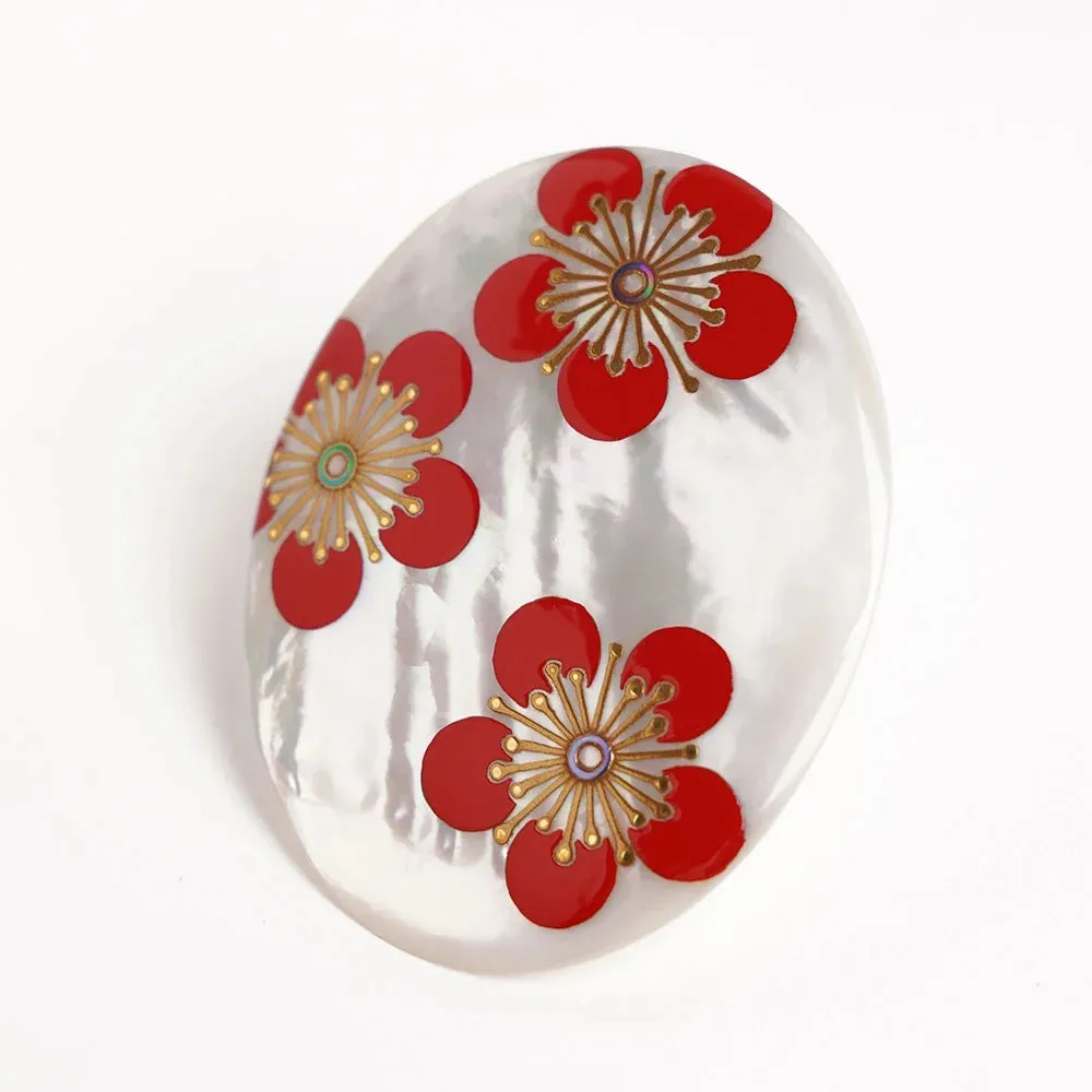 Maki-e Urushi Lacquer Brooch - White South Sea Pearl Shell / Plum -, Traditional Japanese Urushi Lacquer Jewelry
