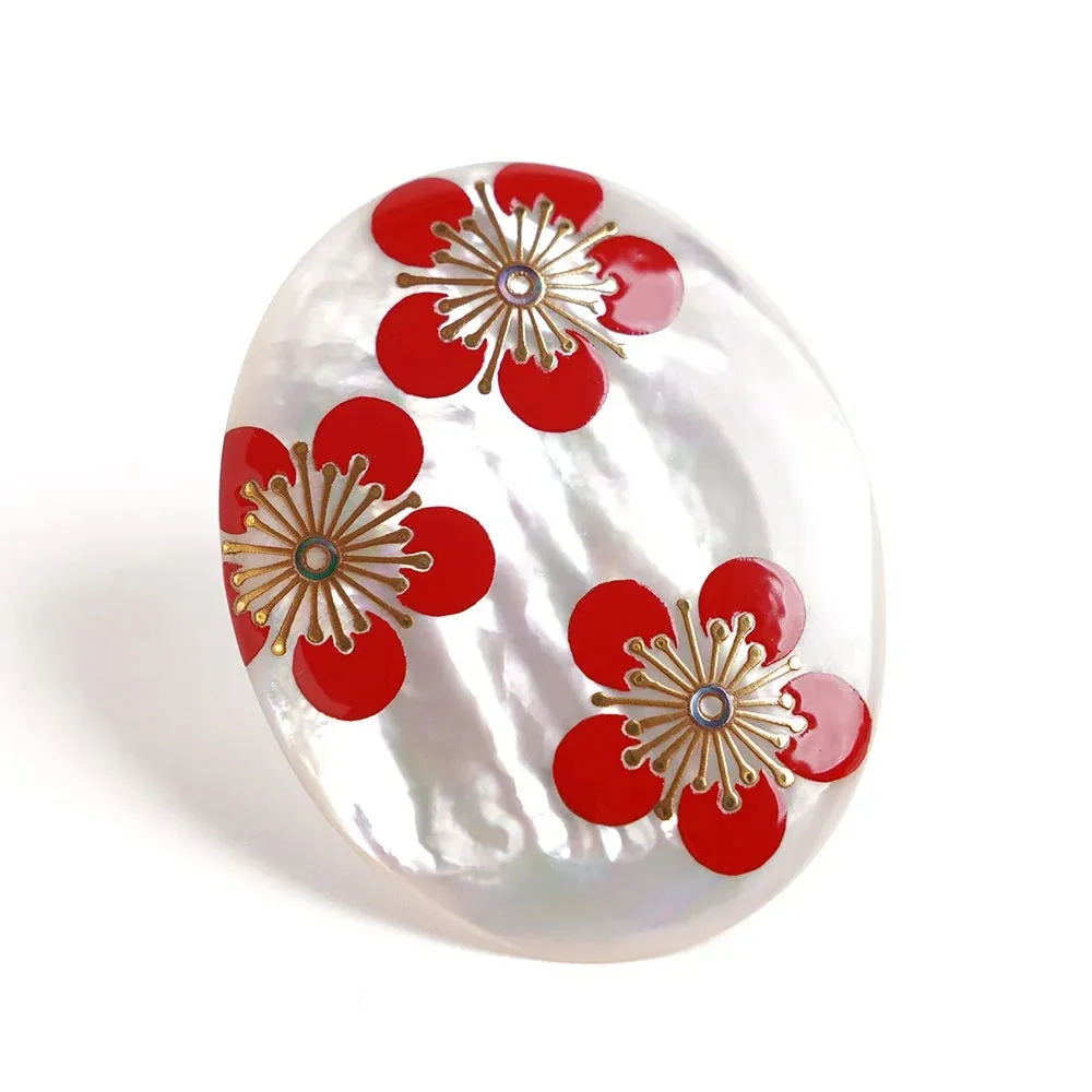 Maki-e Urushi Lacquer Brooch - White South Sea Pearl Shell / Plum -, Traditional Japanese Urushi Lacquer Jewelry
