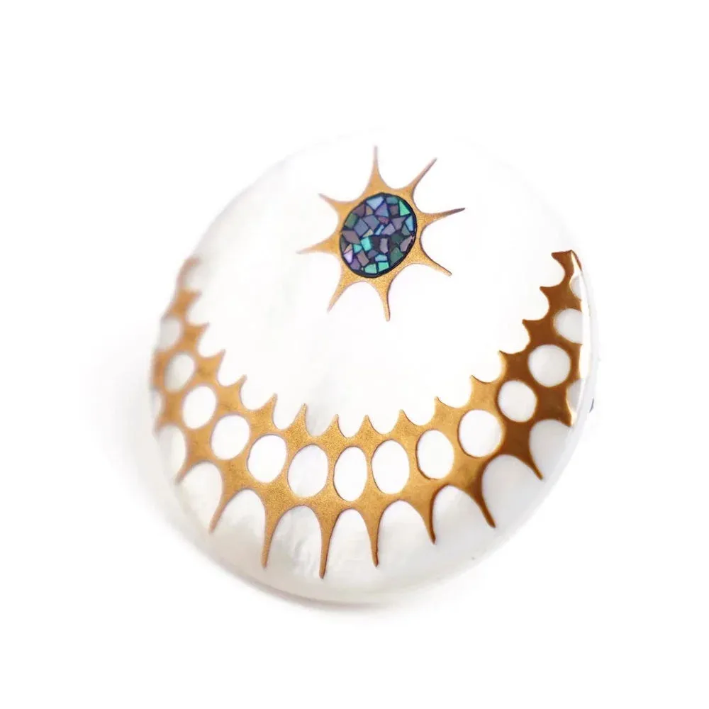 Maki-e Urushi Lacquer Brooch - White South Sea Pearl Shell / Sunshine  -, Traditional Japanese Urushi Lacquer Jewelry