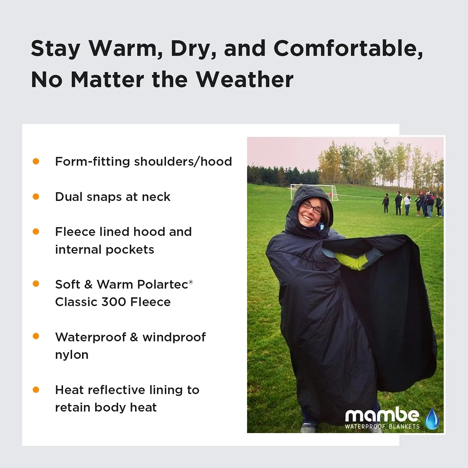 Mambe Extra Large Extreme Weather Hooded Blanket Black 100% Waterproof and Windproof with Premium Stuff Sack - Perfect for Watching Sportsand Staying Warm Outdoors- Machine Washable