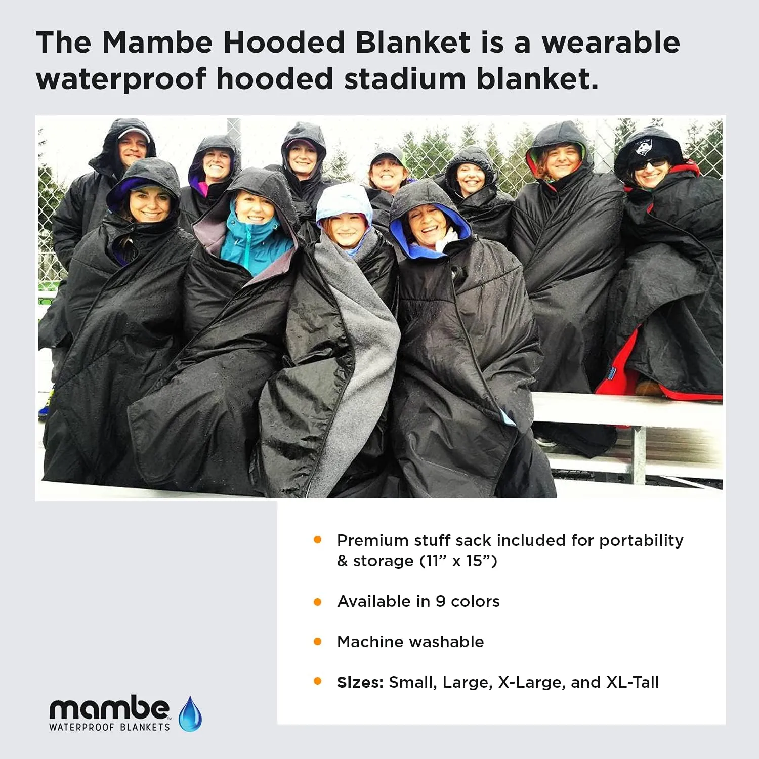 Mambe Extra Large Extreme Weather Hooded Blanket Black 100% Waterproof and Windproof with Premium Stuff Sack - Perfect for Watching Sportsand Staying Warm Outdoors- Machine Washable