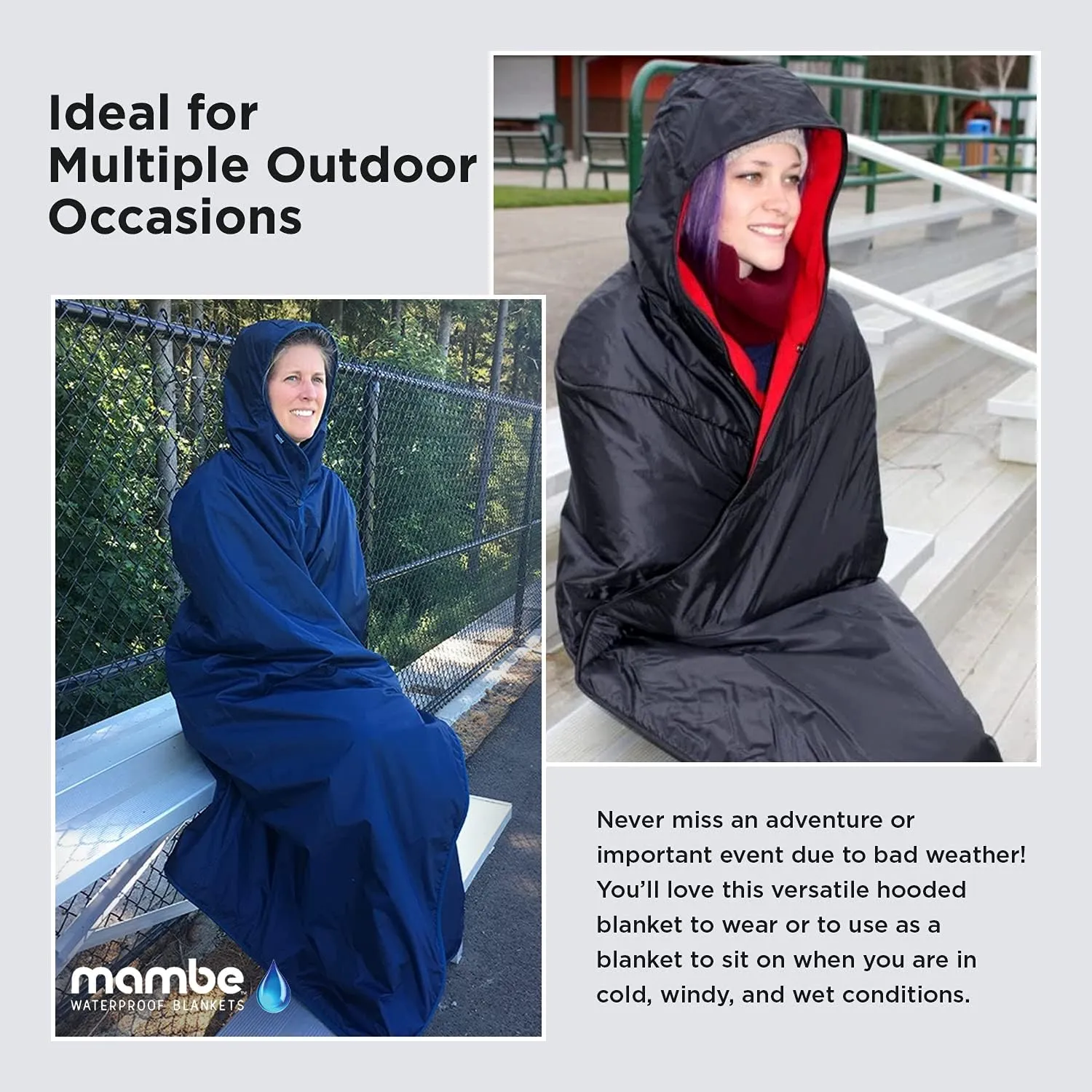 Mambe Extra Large Extreme Weather Hooded Blanket Black 100% Waterproof and Windproof with Premium Stuff Sack - Perfect for Watching Sportsand Staying Warm Outdoors- Machine Washable