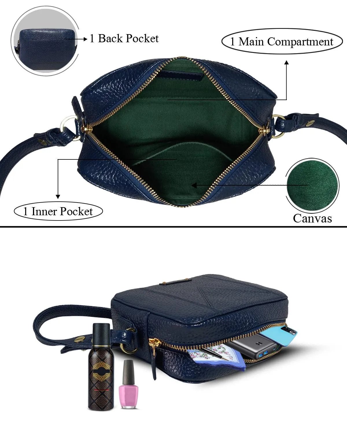 MANDAVA Women's PU Leather Crossbody Bag | Ladies Mini Shoulder Bag with Adjustable & Detachable Strap (Midnight Blue)