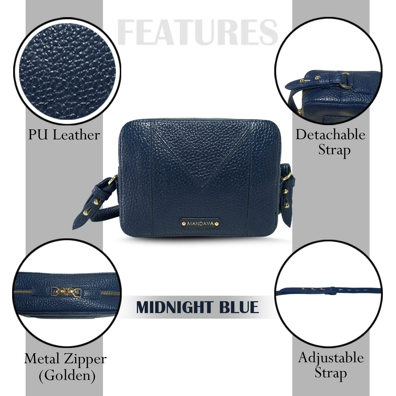 MANDAVA Women's PU Leather Crossbody Bag | Ladies Mini Shoulder Bag with Adjustable & Detachable Strap (Midnight Blue)