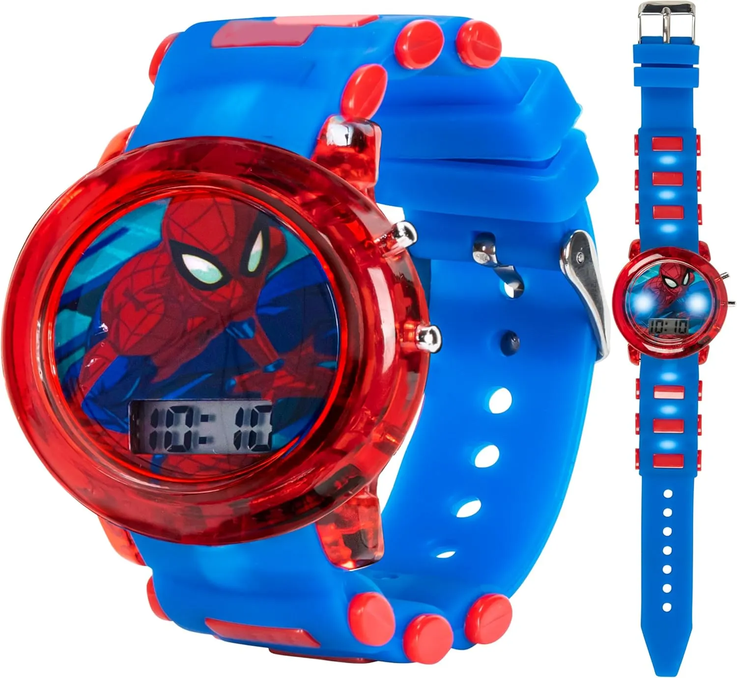 Marvel Spider-Man Kids' LCD Watch  Flashing LED Bullet Band, Digital Time Display, Red & Blue Design, Durable Plastic Case, Adjustable Silicone Strap  Fits Wrists 5.5" to 8"