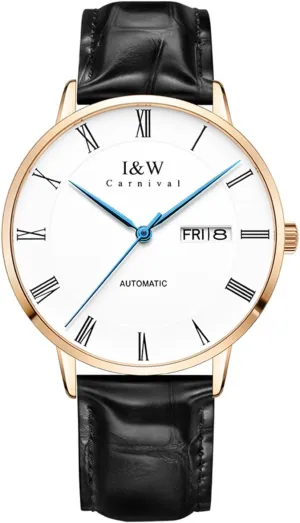 MASTOP Mens Automatic Mechanical Watch Minimalist Business Casual Black Leather Watches Waterproof Watches