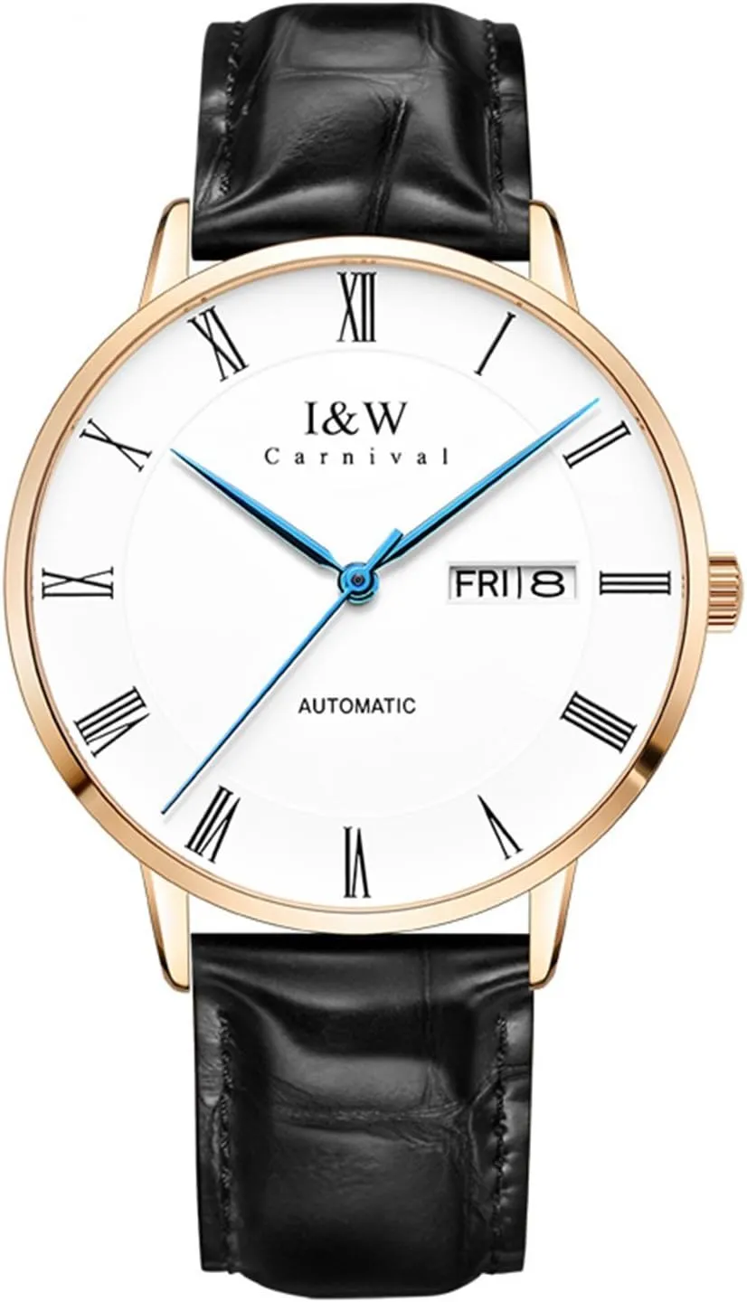 MASTOP Mens Automatic Mechanical Watch Minimalist Business Casual Black Leather Watches Waterproof Watches