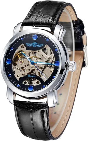 MASTOP Men's Watches Automatic Mechanical Skeleton Watches Stainless Steel Black Leather Watches