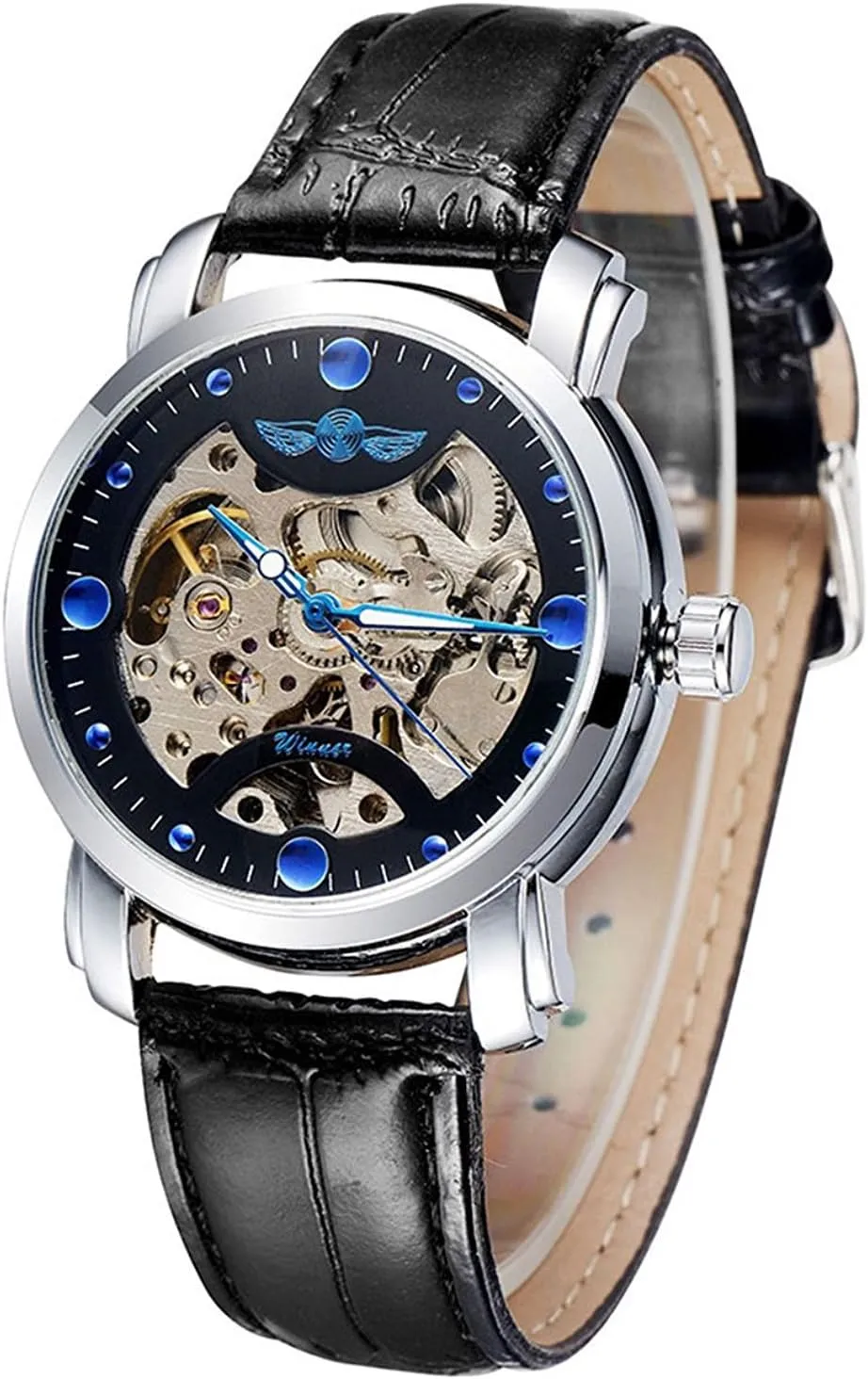 MASTOP Men's Watches Automatic Mechanical Skeleton Watches Stainless Steel Black Leather Watches