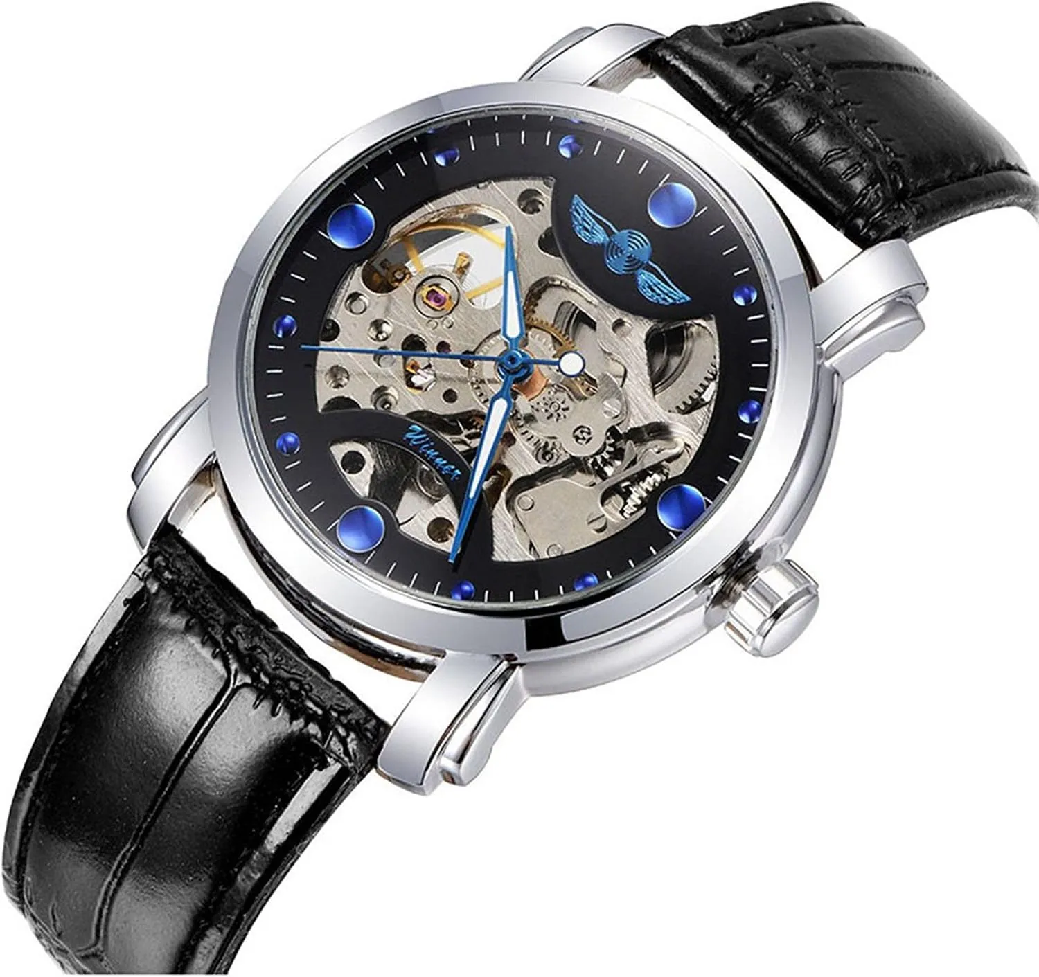 MASTOP Men's Watches Automatic Mechanical Skeleton Watches Stainless Steel Black Leather Watches