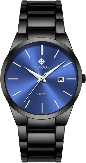 MASTOPMens Watches Stainless Steel Waterproof Business Classic Analog Quartz Date Watches (Black Blue)
