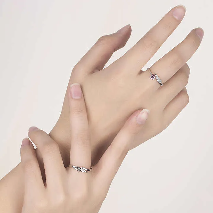 Matching Silver Couple Rings with Pink Heart-Shaped Stone