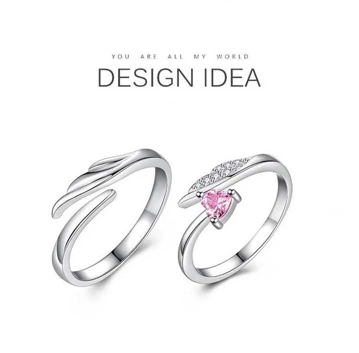 Matching Silver Couple Rings with Pink Heart-Shaped Stone