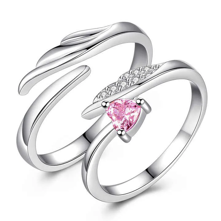 Matching Silver Couple Rings with Pink Heart-Shaped Stone