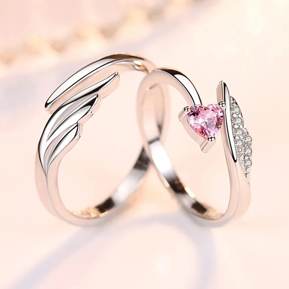 Matching Silver Couple Rings with Pink Heart-Shaped Stone