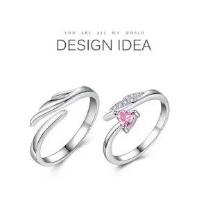 Matching Silver Couple Rings with Pink Heart-Shaped Stone