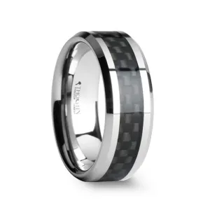 MAXIMUS | Silver Tungsten Ring, Black Carbon Fiber Inlay, Beveled, 10mm, 12mm