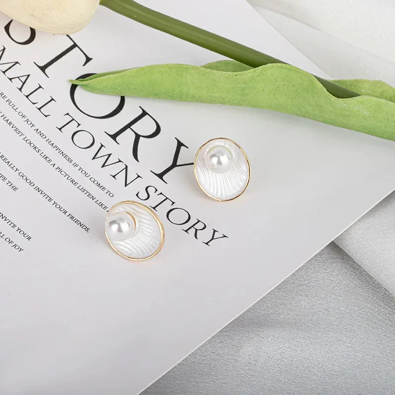 MAYTRENDS  -  White Enamel Oil Shell with Pearl Stud Earrings for Women 2024 New Fashion Korean Elegant Oval Geometry Earrings Party Jewelry