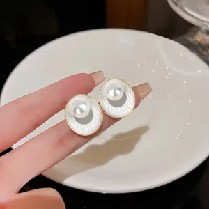 MAYTRENDS  -  White Enamel Oil Shell with Pearl Stud Earrings for Women 2024 New Fashion Korean Elegant Oval Geometry Earrings Party Jewelry