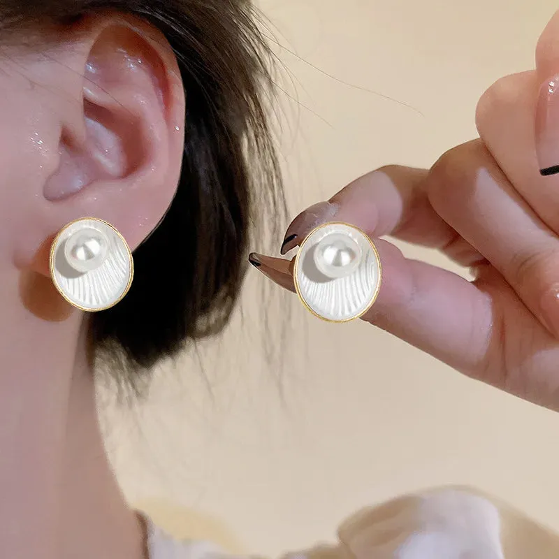 MAYTRENDS  -  White Enamel Oil Shell with Pearl Stud Earrings for Women 2024 New Fashion Korean Elegant Oval Geometry Earrings Party Jewelry