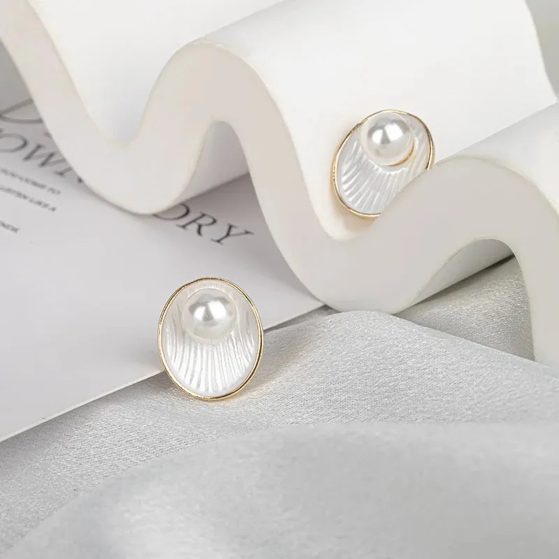 MAYTRENDS  -  White Enamel Oil Shell with Pearl Stud Earrings for Women 2024 New Fashion Korean Elegant Oval Geometry Earrings Party Jewelry