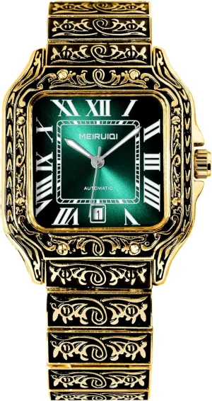 MEIRUIQI Luxury Automatic Watch, Gold-Tone Vintage Pattern Case, Green Square Dial with Roman Numerals