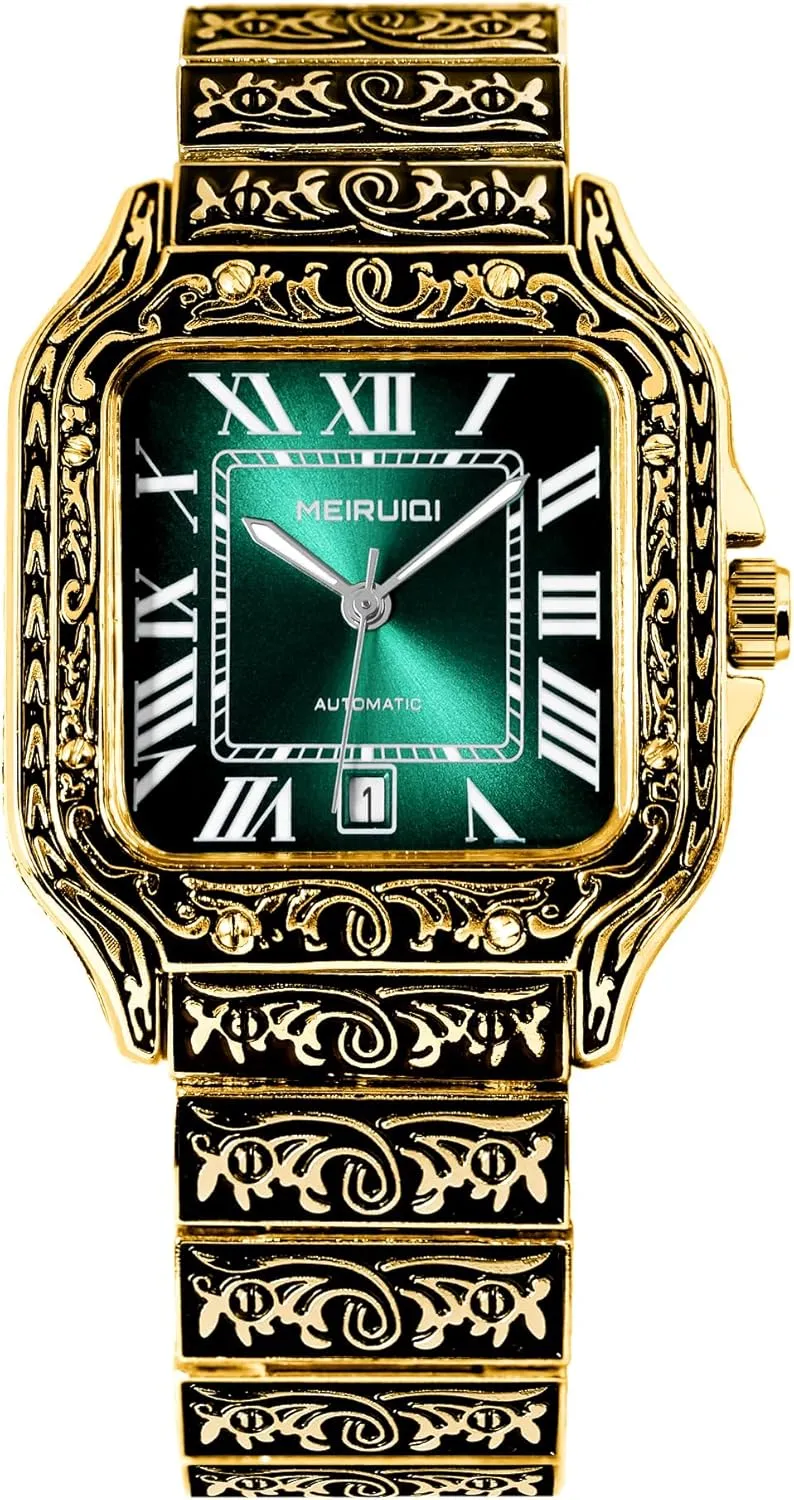 MEIRUIQI Luxury Automatic Watch, Gold-Tone Vintage Pattern Case, Green Square Dial with Roman Numerals