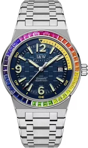 Men's Automatic Watch,42mm Luxury Mechanical Wristwatch Waterproof Sapphire Luminous Steel Strap Colored Diamond dial and Colored Bezel, Blue Plaid dial