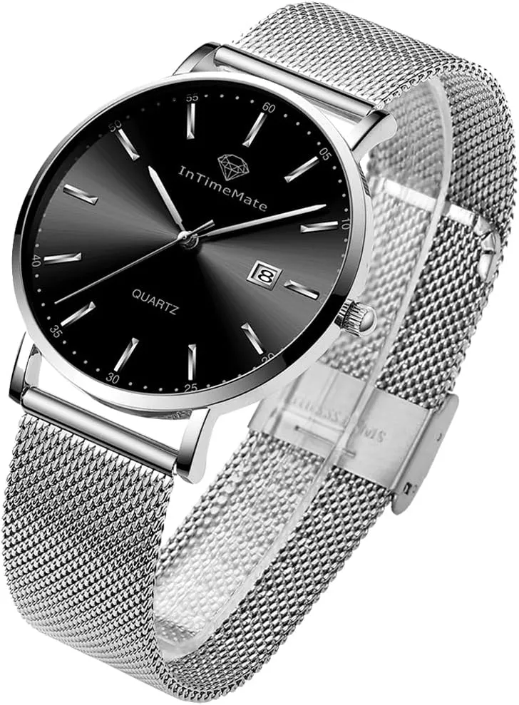 Mens Black Watch for Men Minimalist Ultra Thin Men Watches Casual Easy Read Analog Men Wrist Watches Waterproof Dress Fashion Silver Watch Men Luminous Reloj De Hombre