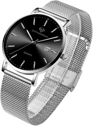 Mens Black Watch for Men Minimalist Ultra Thin Men Watches Casual Easy Read Analog Men Wrist Watches Waterproof Dress Fashion Silver Watch Men Luminous Reloj De Hombre