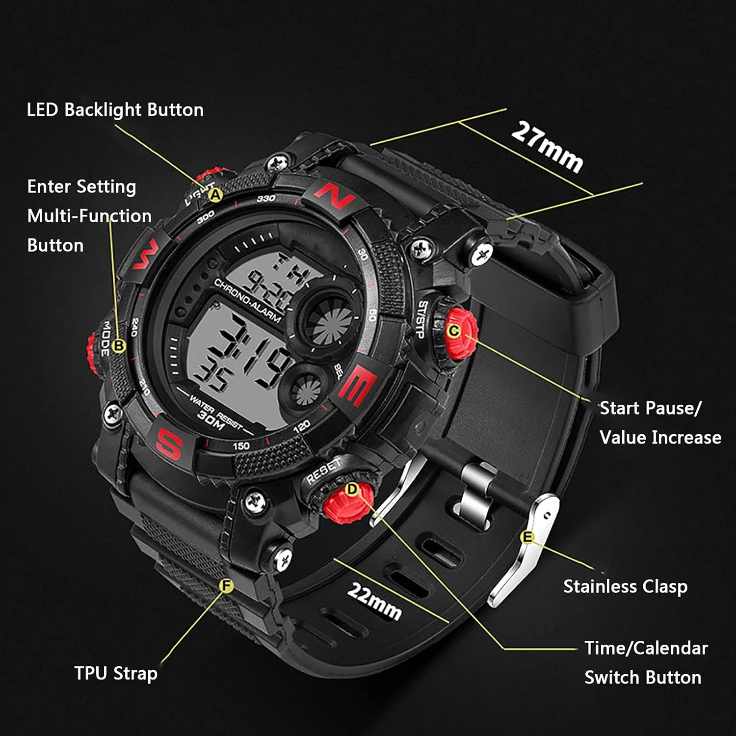 Men's Digital Sports Watches, Luminous Military Watches, Shockproof Large Dial Men's Watches, Outdoor Waterproof Alarm Clock Watches C