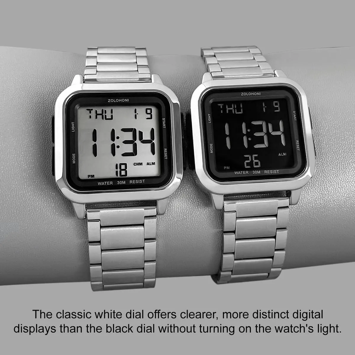 Mens Digital Watch for Men, Stainless Steel Square Watches, Mens Wrist Watches Waterproof Large Face Dual Time Date Watch