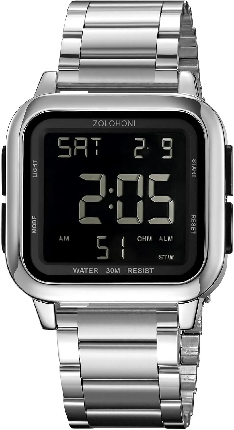 Mens Digital Watch for Men, Stainless Steel Square Watches, Mens Wrist Watches Waterproof Large Face Dual Time Date Watch