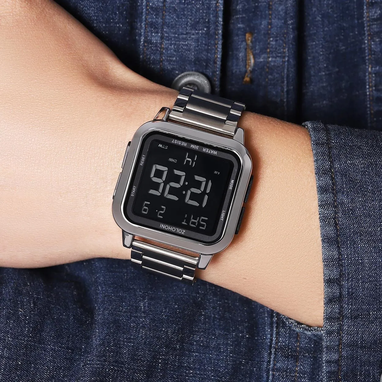 Mens Digital Watch for Men, Stainless Steel Square Watches, Mens Wrist Watches Waterproof Large Face Dual Time Date Watch