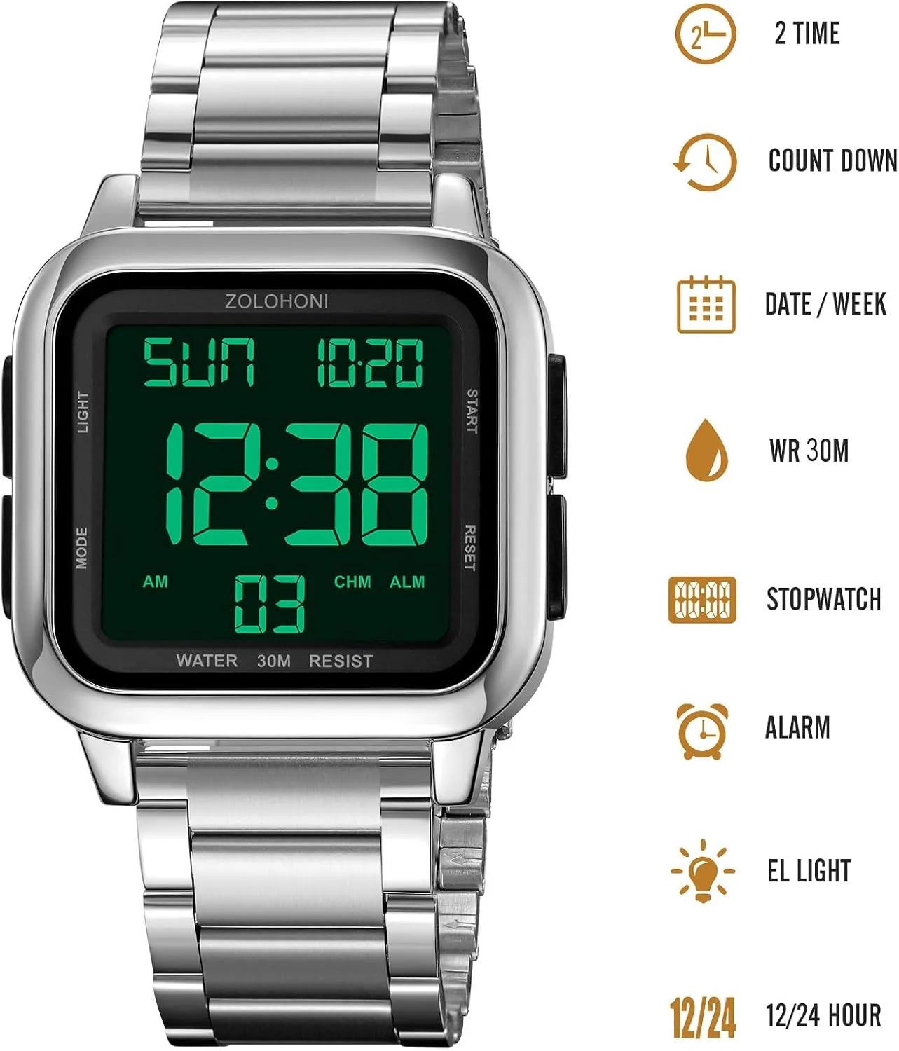 Mens Digital Watch for Men, Stainless Steel Square Watches, Mens Wrist Watches Waterproof Large Face Dual Time Date Watch