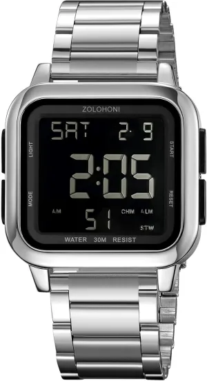 Mens Digital Watch for Men, Stainless Steel Square Watches, Mens Wrist Watches Waterproof Large Face Dual Time Date Watch