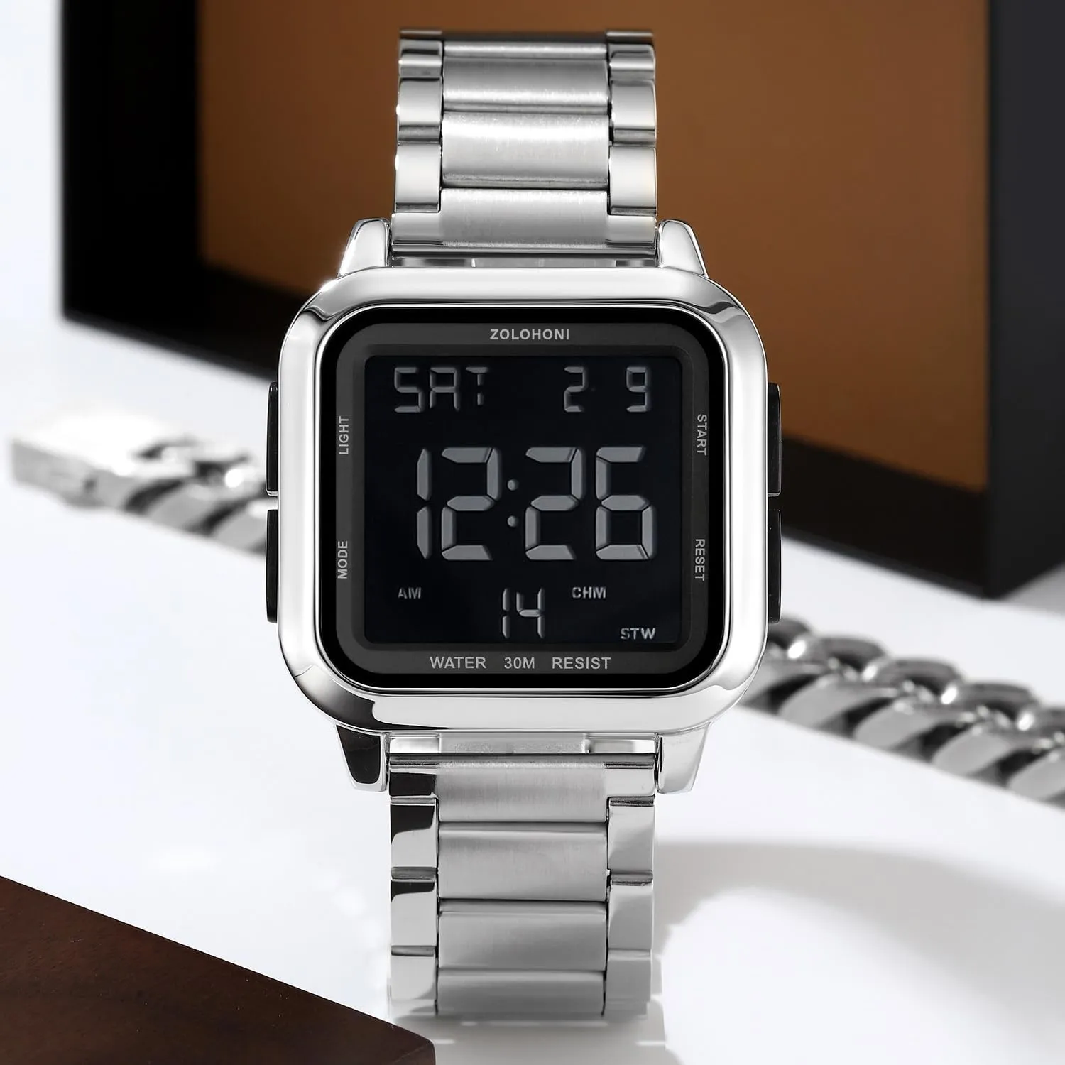 Mens Digital Watch for Men, Stainless Steel Square Watches, Mens Wrist Watches Waterproof Large Face Dual Time Date Watch