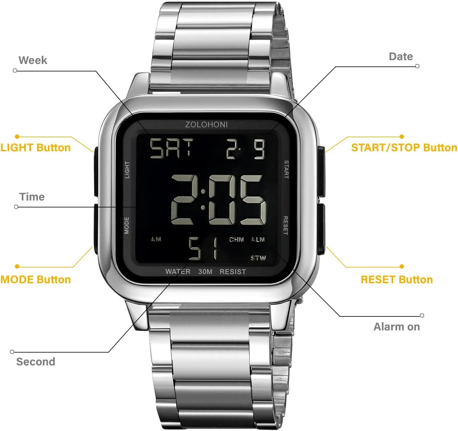 Mens Digital Watch for Men, Stainless Steel Square Watches, Mens Wrist Watches Waterproof Large Face Dual Time Date Watch