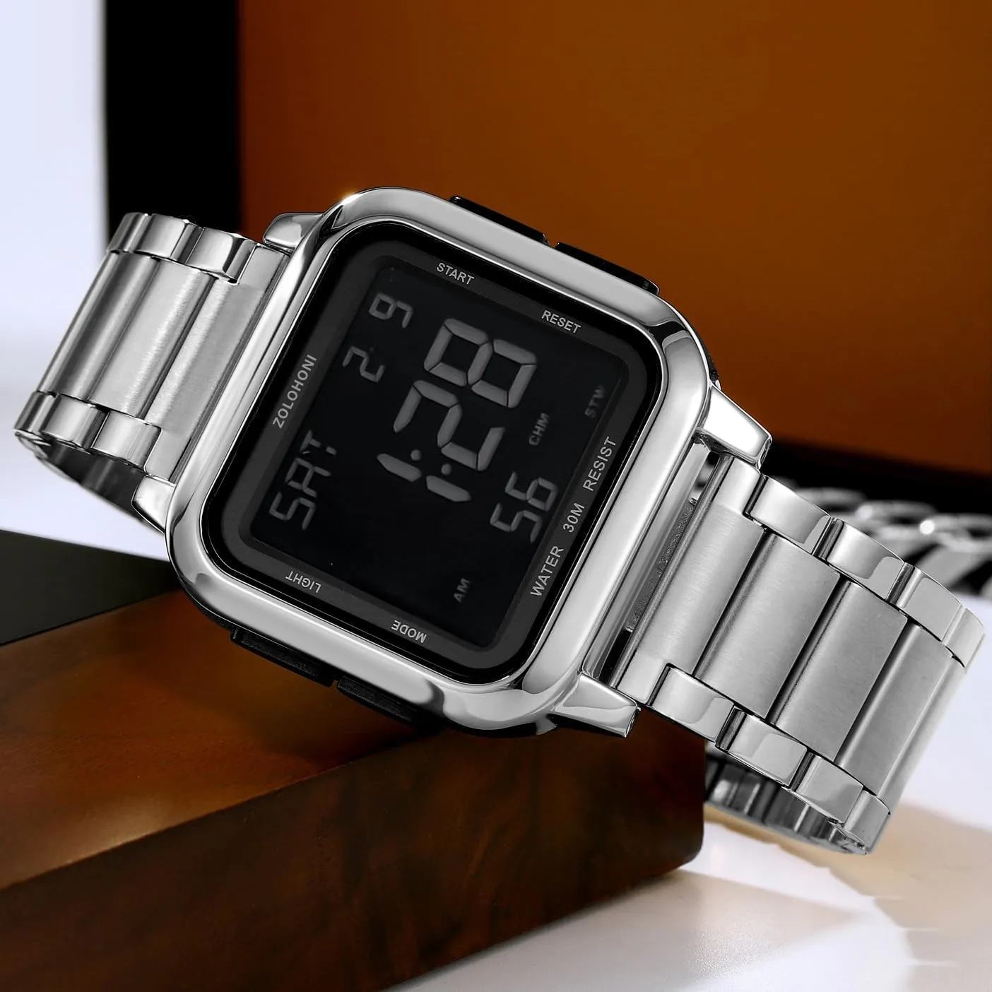 Mens Digital Watch for Men, Stainless Steel Square Watches, Mens Wrist Watches Waterproof Large Face Dual Time Date Watch