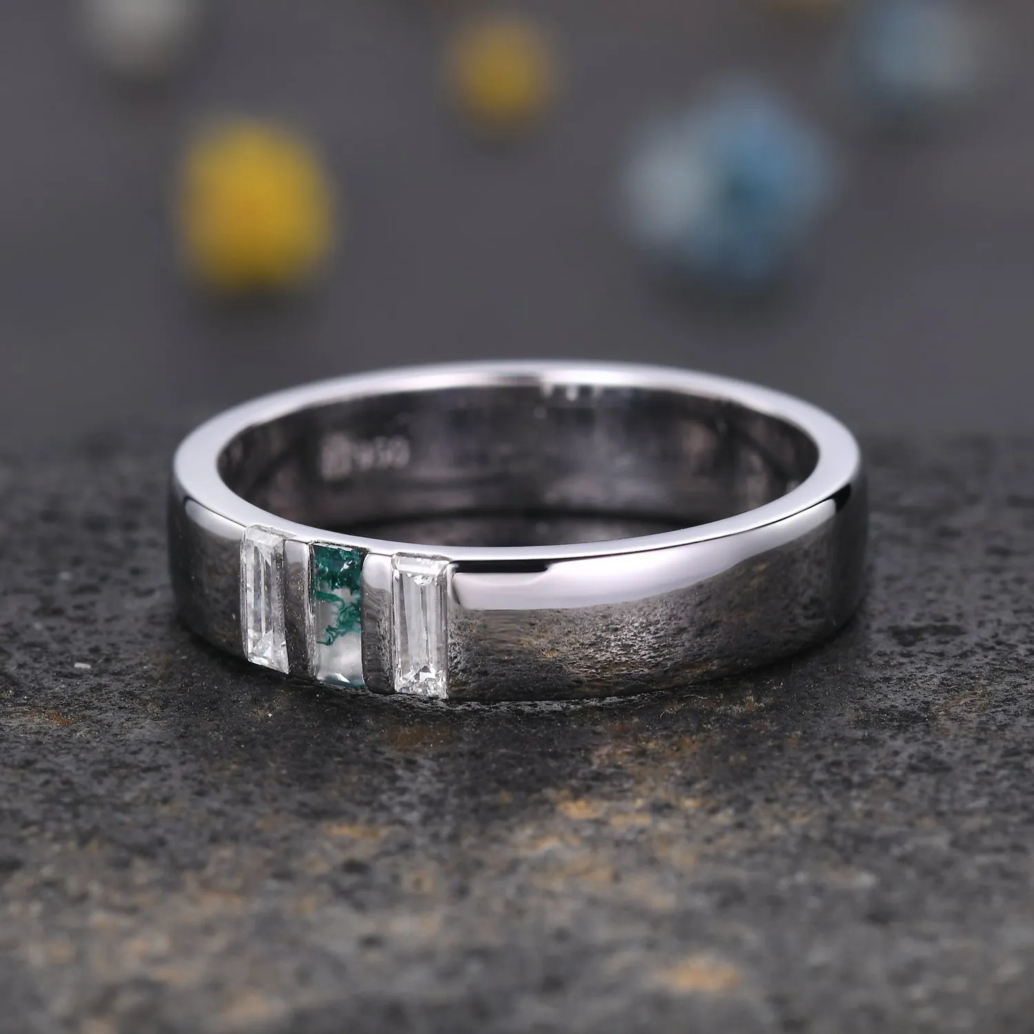 Mens Moss Agate White Gold Wedding Band Three Stone Baguette Cut 5mm