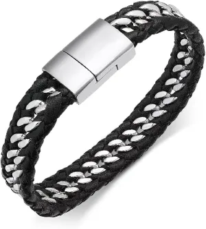 Men's Stainless Steel & Leather Woven Bracelet
