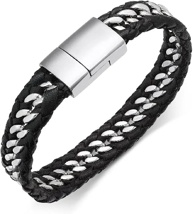 Men's Stainless Steel & Leather Woven Bracelet