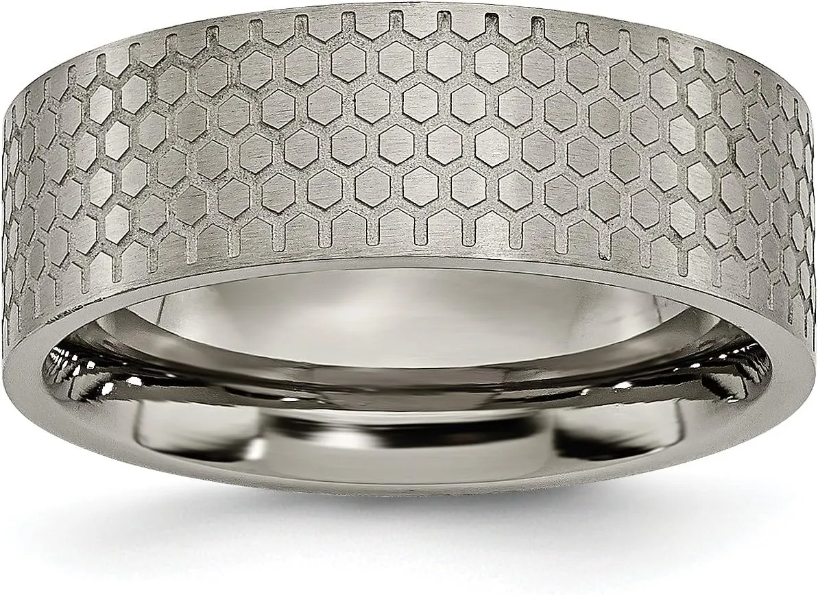 Mens Titanium 8mm Brushed Patterned Flat Wedding Band Ring